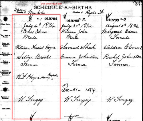 Enos's Ontario Birth Registration